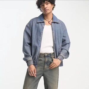 New WEEKDAY Silver Denim Jacket Zip-up Oversize Bomber M